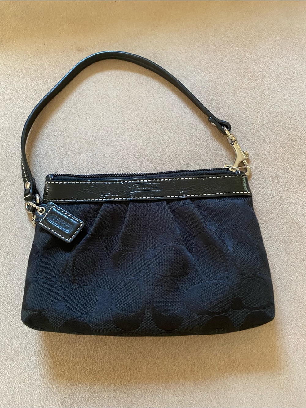 Coach Black Signature Jacquard Wristlet with Leather Trim
